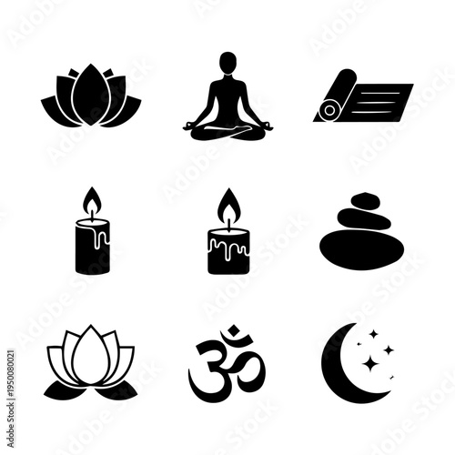Zen and Meditation Symbols Lotus, Candle, Om, and Moon Icons