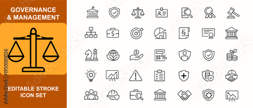 Governance and management web icons in line style. Compliance, justice, authority, audit, contract, finance, handshake, regulation set. Editable stroke. Vector illustration.