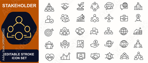 Stakeholder web icons in line style. Leadership, partnership, investment, teamwork, communication, organization, investor, handshake, finance, network. Editable stroke. Vector illustration.