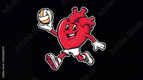 vector illustration of a cartoon heart character wearing a volleyball uniform and cleats, serve a volleyball on black background