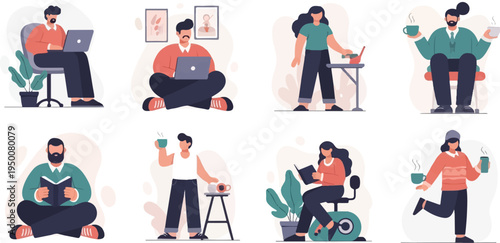 Diverse individuals engaged in work, leisure, and refreshment activities at home