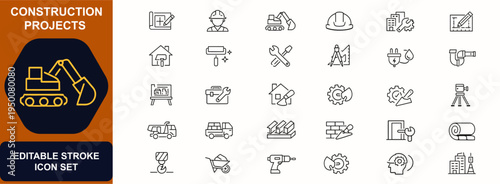 Construction projects web icons in line style. Blueprint, contractor, machinery, safety helmet, building repair, renovation, tools, architecture, truck. Editable stroke. Vector illustration.