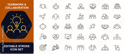 Teamwork and collaboration web icons in line style. Partnership, handshake, leadership, support, community, unity icons. Editable stroke. Vector illustration.
