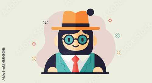 Stylized character with hat, glasses, and tie, set against a patterned background