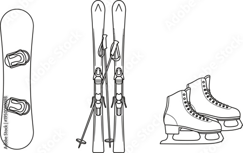 Set of winter sports equipment featuring a snowboard skis with poles and ice skates rendered in a minimalist outline vector style for seasonal recreation