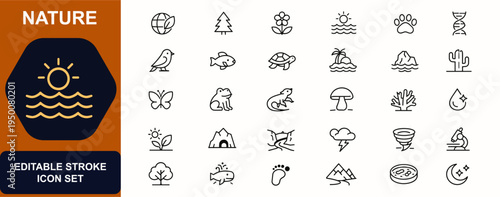Nature web icons in line style. Wildlife, ecosystem, plant, climate, biology, forest, tree, ocean, flower, leaf, insect, bird icons. Editable stroke. Vector illustration.