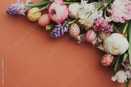 Spring Floral Corner Arrangement on Terracotta Background Banner with Copy Space
