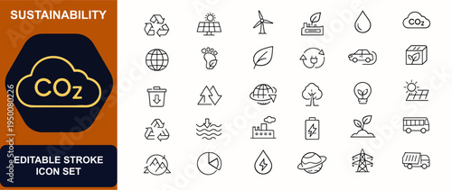 Sustainability web icons in line style set. Recycling arrows, solar panel, wind turbine, eco factory, water drop, carbon footprint icons. Editable stroke. Vector illustration.