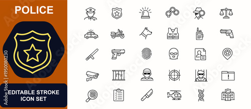 Police web icons in line style. Law enforcement, crime security, patrol officer, badge symbol, handcuffs, detective tools, protection service set. Editable stroke. Vector illustration.