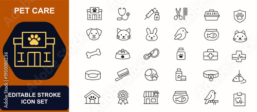Pet care web icons in line style. Veterinary clinic, grooming tools, vaccination medicine, leash bowl, animal hospital, puppy cat, fish bird care set. Editable stroke. Vector illustration.