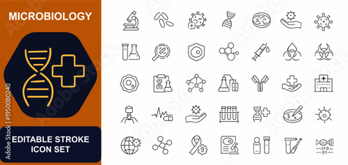 Microbiology web icons in line style. Microscope, bacillus, infection, biotechnology, petri dish, virus, research, immune cell. Editable stroke. Vector illustration.