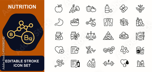 Nutrition web icons in line style. Healthy food, digestion, vitamins, metabolism, vegan protein, organic vegetables, mineral balance, stomach symbol. Editable stroke. Vector illustration.