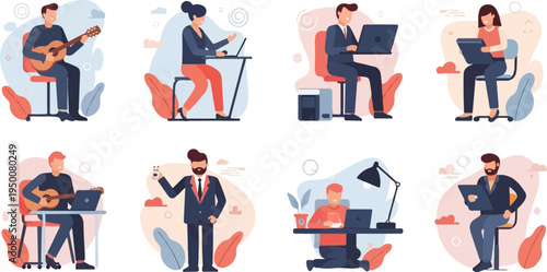 Diverse individuals engaged in work, music, and hobbies indoors