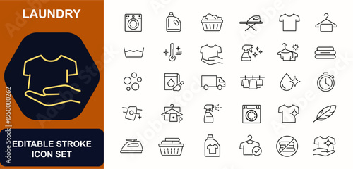 Laundry web icons in line style. Washing machine, detergent, clothes basket, ironing, fabric care, water bubbles, hygiene, household equipment. Editable stroke. Vector illustration.
