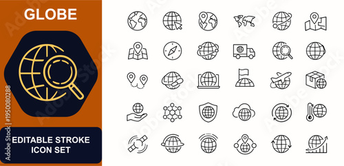 Globe web icons in line style. Planet, navigation, location pin, world map, global connection, cartography, travel network, climate ecology. Editable stroke. Vector illustration.