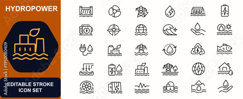 Hydropower web icons in line style. Dam turbine, renewable electricity, eco generator, clean energy, environmental technology. Editable stroke. Vector illustration.