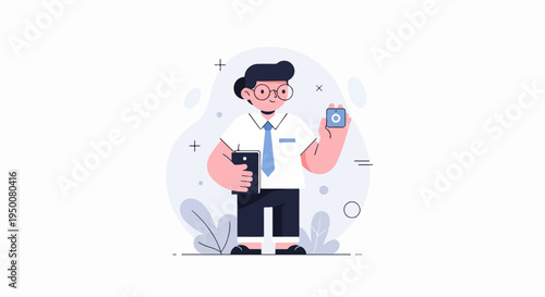Stylized cartoon man in glasses holding a book and a small device