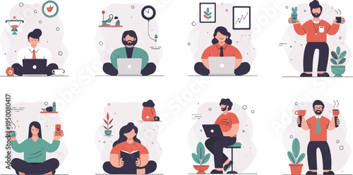 Diverse individuals engaged in work, reading, and enjoying beverages indoors