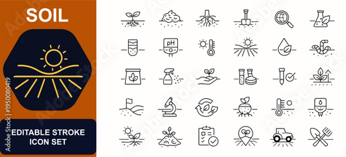 Soil web icons in line style. Seed growth, compost pile, root system, garden shovel, ecology research, organic fertilizer, earth testing. Editable stroke. Vector illustration.