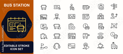 Bus station web icons in line style. Ticket booking, passenger waiting, electric bus, baggage security, route signage, transit schedule. Editable stroke. Vector illustration.