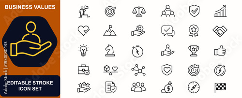 Core business values and principles web icons in line style. Leadership, handshake, ethics, teamwork, commitment, productivity. Editable stroke. Vector illustration.