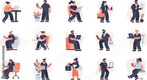 Diverse individuals engaged in various work-related activities, digitally depicted
