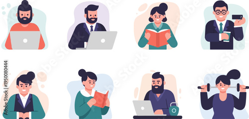 Diverse individuals engaged in work, reading, and exercise
