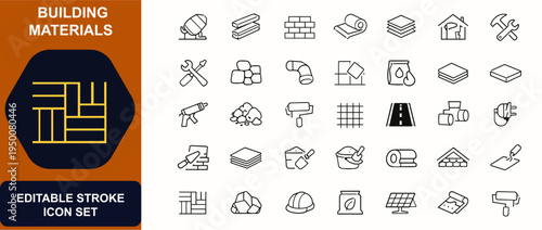 Building materials web icons in line style. Concrete, timber, brick, insulation, metal, renovation, tools, stone, pipe, tile, cement, board. Editable stroke. Vector illustration.
