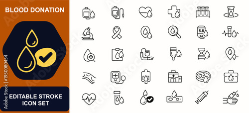 Blood donation web icons in line style. Transfusion, laboratory test, cardiology aid, donor bag, oncology research, glucose measurement, vein analysis. Editable stroke. Vector illustration.