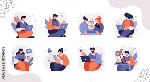 Diverse individuals engaging in digital activities, creating content, and collaborating online