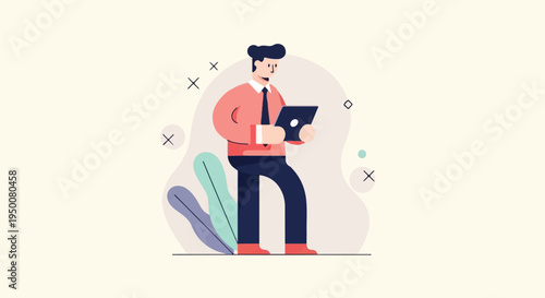 Stylized man in business attire using a tablet, with abstract shapes
