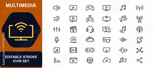 Multimedia web icons in line style. Audio speaker, video player, game controller, streaming screen, music note, broadcast signal. Editable stroke. Vector illustration.