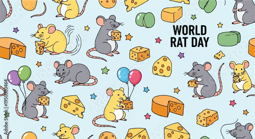 Colorful cartoon rats and mice with cheese and balloons on world rat day celebrating rodents and friendship with vibrant illustrations