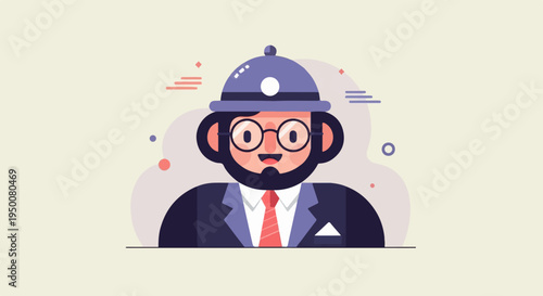 Stylized cartoon man in suit and hat, smiling, with abstract shapes