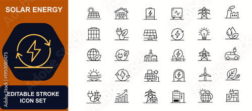 Solar energy web icons in line style. Battery storage, solar panel, eco technology, clean electricity, power station, green environment. Editable stroke. Vector illustration.