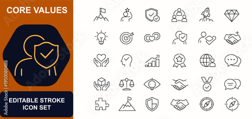 Core values web icons in line style. Leadership, teamwork, ethics, ambition, commitment, innovation, respect, quality, handshake, responsibility. Editable stroke. Vector illustration.