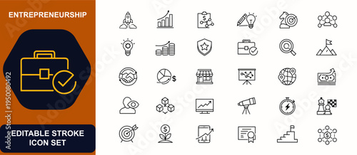 Entrepreneurship concepts web icons in line style set. Rocket launch, growth chart, funding plan, brand identity, team strategy, client network. Editable stroke. Vector illustration.