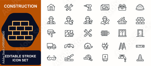 Construction web icons in line style. Home renovation, building tools, repair service, architecture project, toolbox, hammer, drill, electrician, plumber, roofing. Vector illustration.
