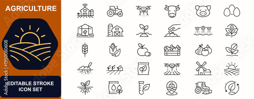 Agriculture web icons in line style. Smart farming, livestock, gardening, seeding, tractor, drone, crops, harvest, soil, organic, rural. Editable stroke. Vector illustration.