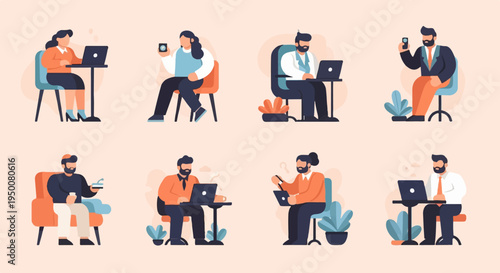 Diverse individuals engaged in various work-related activities on laptops and phones