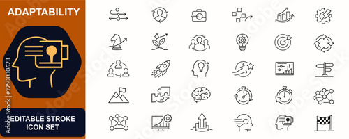 Adaptability web icons in line style. Leadership skill, agile mindset, business change, strategy growth, teamwork process, innovation chart. Editable stroke. Vector illustration.