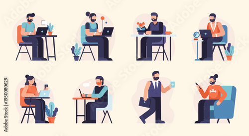 Diverse individuals engaging in remote work and leisure activities at home and cafes