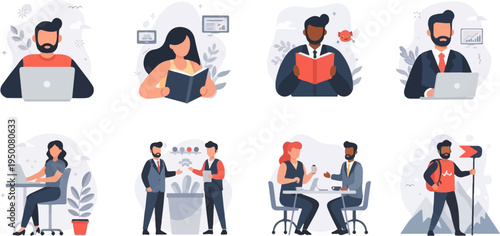 Diverse individuals engaged in work, reading, meetings, and outdoor pursuits