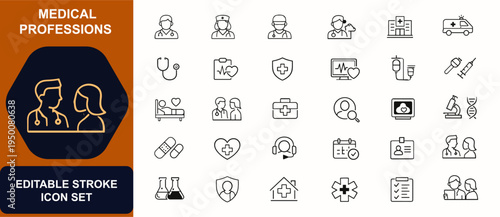 Doctor and medical professions web icons in line style. Hospital clinic, nurse avatar, surgeon specialist, emergency aid, stethoscope, patient care, diagnosis service. Vector illustration.