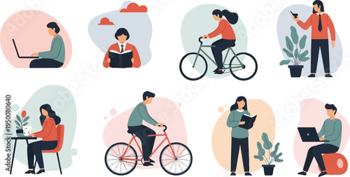 Stylized people engaged in various leisure and work activities, including reading and cycling