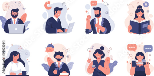 Diverse individuals engaged in various work-related activities, presented in flat illustrations