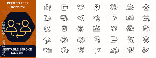 Peer to peer banking web icons in line style. Cryptocurrency payment, mobile wallet, secure transaction, digital finance, business transfer, blockchain security. Editable stroke. Vector illustration.