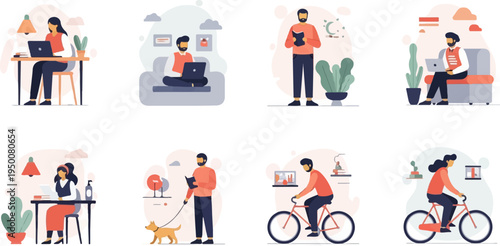 Diverse individuals engaged in work, reading, pet care, and cycling in stylized settings