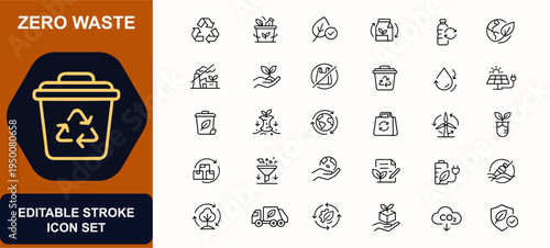 Zero waste web icons in line style. Recycling symbol, compost bin, green leaf, biodegradable product, reusable bottle, eco planet, pollution control. Editable stroke. Vector illustration.
