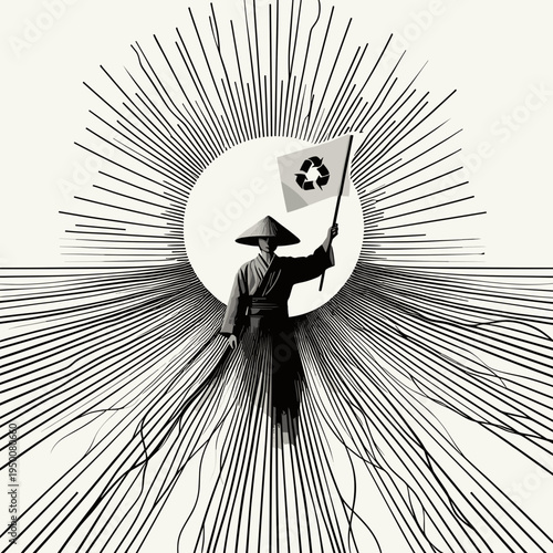 Samurai holding recycling flag with sun rays in the background